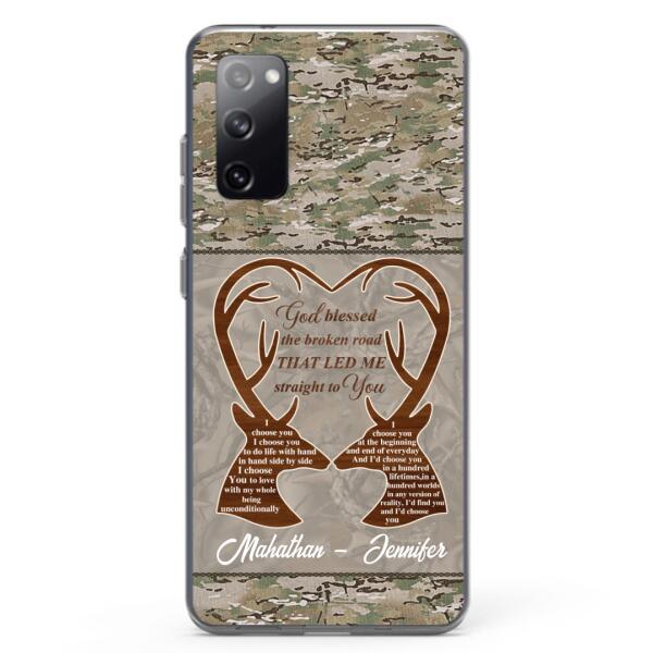 Custom Personalized Deer Hunting Heart Phone Case - Gift Idea For Couple - God Blessed The Broken Road That Led Me Straight To You - Case For iPhone And Samsung