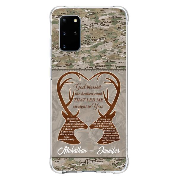 Custom Personalized Deer Hunting Heart Phone Case - Gift Idea For Couple - God Blessed The Broken Road That Led Me Straight To You - Case For iPhone And Samsung