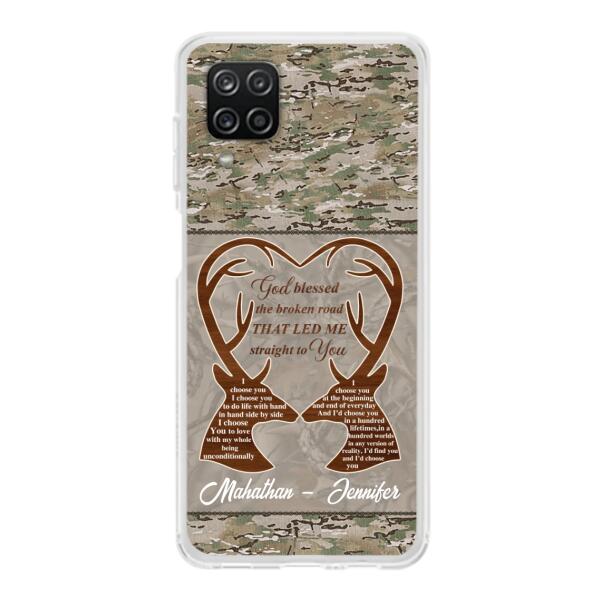 Custom Personalized Deer Hunting Heart Phone Case - Gift Idea For Couple - God Blessed The Broken Road That Led Me Straight To You - Case For iPhone And Samsung