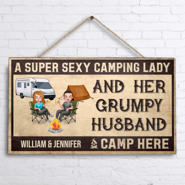 Custom Personalized Camping Couple Chibi Door Sign - Gift Idea For Camping Lover - A Super Sexy Camping Lady and Her Grumpy Husband