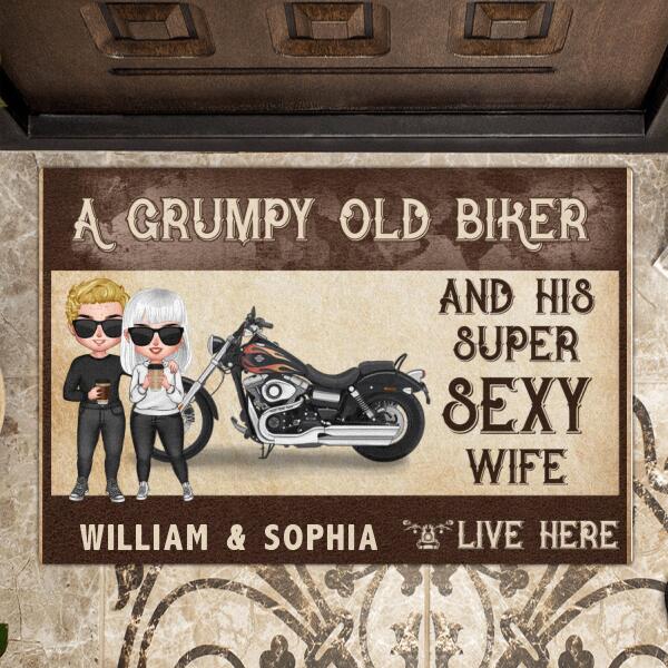 Custom Personalized Old Bikers Doormat - Best Gift For Couple - A Grumpy Old Biker And His Super Sexy Wife Live Here