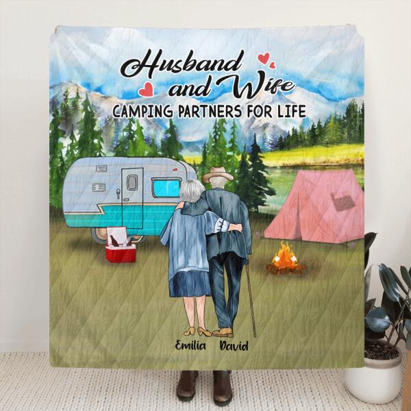 Custom Personalized Old Couple Camping Quilt/ Fleece Blanket - Gift For Couple - Husband And Wife Camping Partners For Life