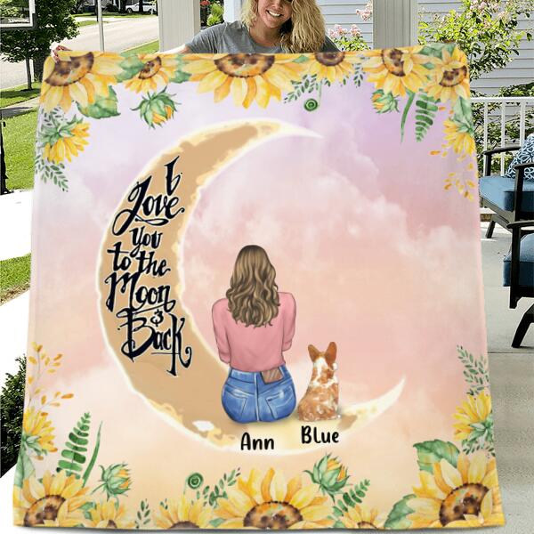 Custom Personalized Dog Mom Sunflower Pillow Cover & Quilt/ Fleece Blanket - Gift For Dog Lover With Upto 4 Dogs - I Love You To The Moon & Back