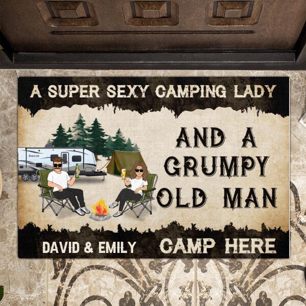 Custom Personalized Camping Couple Doormat - Gift Idea For Camping Lover - A Super Sexy Camping Lady and Her Grumpy Old Man