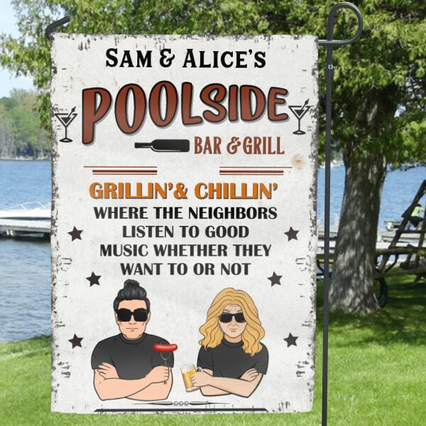 Custom Personalized Flag/Metal Sign - Poolside Bar & Grill Flag/Metal Sign - Gift for Family, Couple, Husband and Wife - Poolside Bar & Grill Grillin' & Chillin'