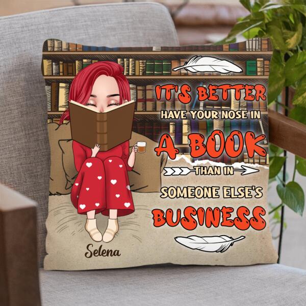 Custom Personalized Reading Chibi Girl Pillow Cover - Gift Idea For Reading Lover - It's Better To Have Your Nose In A Book Than In Someone Else's Business