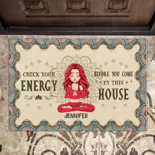 Personalized Girl Yoga Doormat - Check Your Energy Before You Me In This House