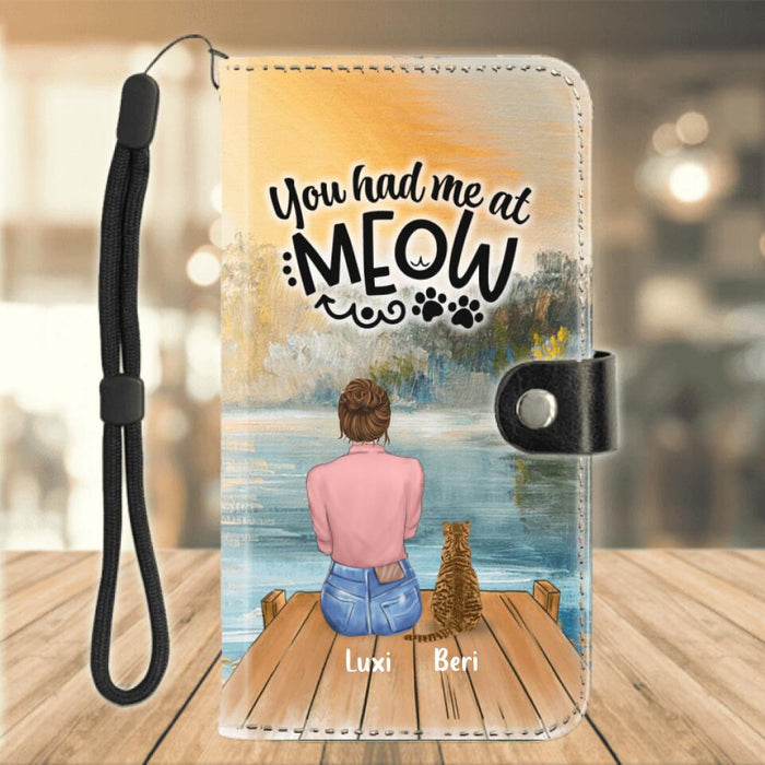 Custom Personalized Cat Mom Flip Leather Purse For Mobile Phone - Upto 4 Cats - Gift Idea For Cat Lover - You Had Me At Meow