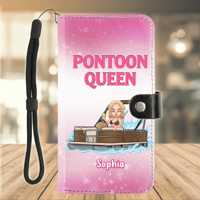 Custom Personalized Pontoon Queen Flip Leather Purse For Mobile Phone - Gift For Pontoon Lover - Pontoon Queen Just Like A Normal Queen Only More Drunker