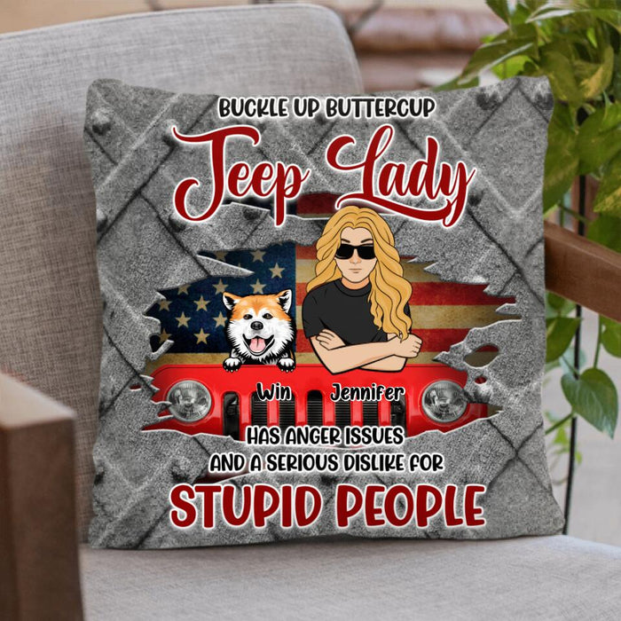 Custom Personalized Off-road Dog Lady Pillow Cover - Up to 4 Dogs - Gift Idea For Dogs Lover - Lady Has Anger Issues And A Serious Dislike