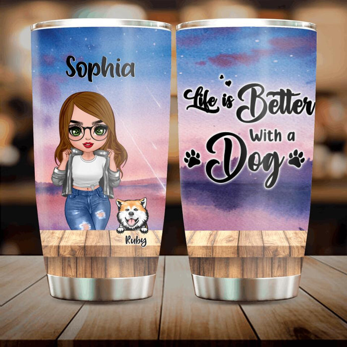 Custom Personalized Dog Mom Chibi Front Tumbler - Gifts For Dog Lover With Up to 4 Dogs - Life Is Better With A Dog