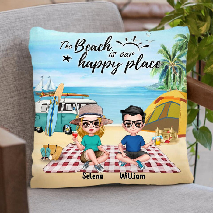 Custom Personalized Summer Beach Picnic Camping Pillow Cover & Fleece/ Quilt Blanket - Upto 5 People - Gift Idea For Camping Couple/ Friends - The Beach Is Our Happy Place