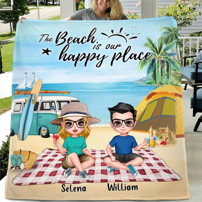 Custom Personalized Summer Beach Picnic Camping Pillow Cover & Fleece/ Quilt Blanket - Upto 5 People - Gift Idea For Camping Couple/ Friends - The Beach Is Our Happy Place