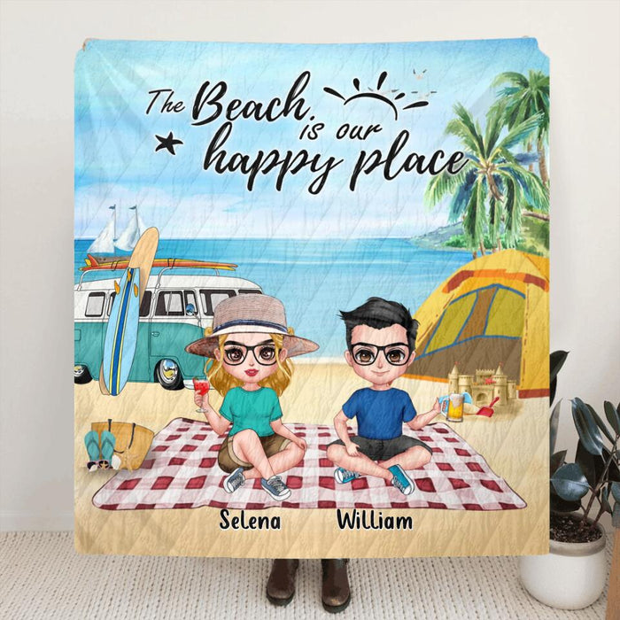 Custom Personalized Summer Beach Picnic Camping Pillow Cover & Fleece/ Quilt Blanket - Upto 5 People - Gift Idea For Camping Couple/ Friends - The Beach Is Our Happy Place