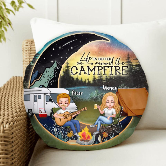 Custom Personalized Camping Moon Couple With Dog Round Pillow - Upto 3 Dogs - Gift Idea For Camping Lover - Life Is Better Around The Campfire