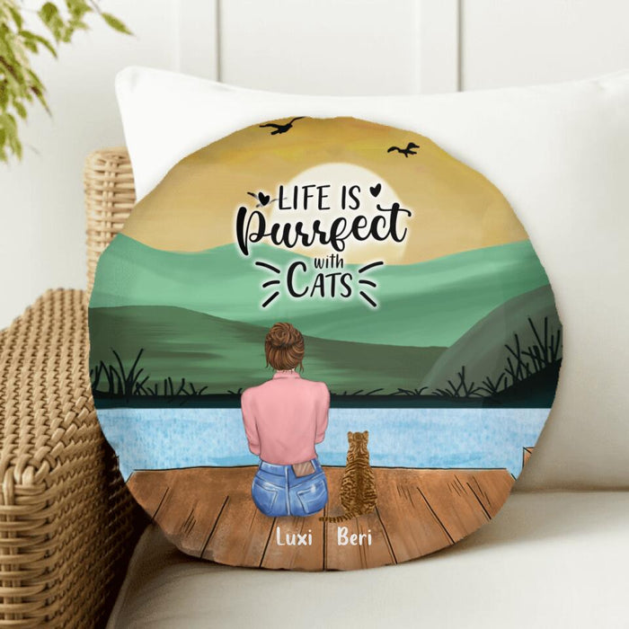 Custom Personalized Cat Mom Round Pillow - Gift For Cat Lovers With Upto 4 Cats - Life Is Purrfect With Cats