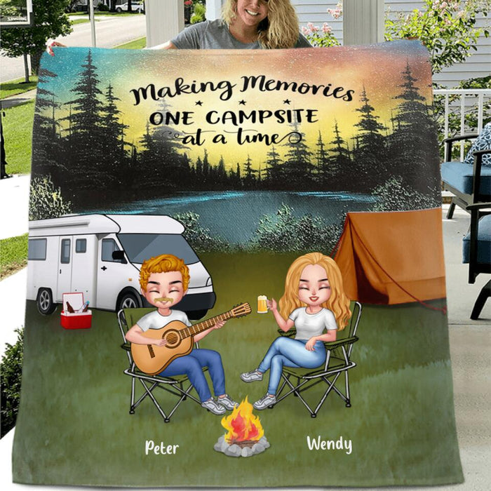 Custom Personalized Guitar Camping Couple Single Layer Fleece/ Quilt - Gift For Camping Lovers Up To 3 Dogs - Making Memories One Campsite At A Time