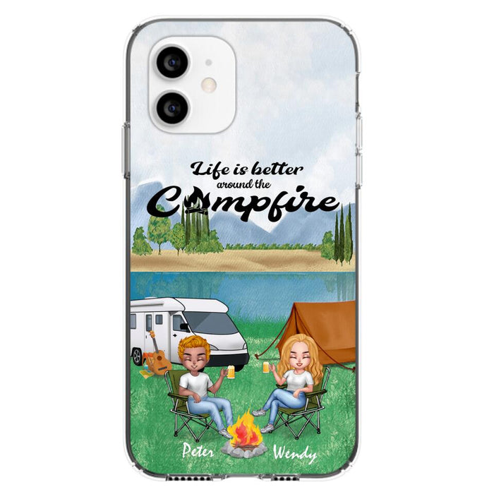 Custom Personalized Camping Chibi Phone Case - Couple With Upto 2 Dogs - Gift Idea For Dog/ Camping Lover - Life Is Better Around The Campfire - Case For iPhone And Samsung