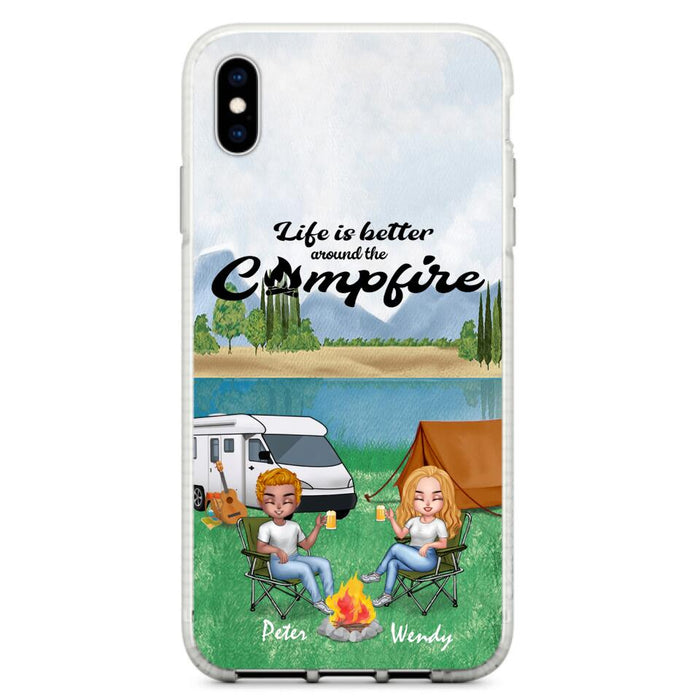 Custom Personalized Camping Chibi Phone Case - Couple With Upto 2 Dogs - Gift Idea For Dog/ Camping Lover - Life Is Better Around The Campfire - Case For iPhone And Samsung