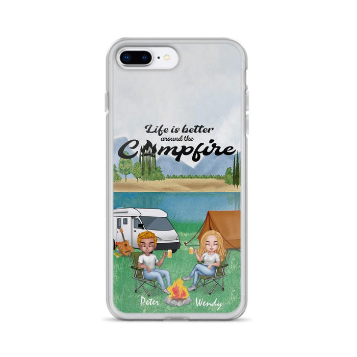 Custom Personalized Camping Chibi Phone Case - Couple With Upto 2 Dogs - Gift Idea For Dog/ Camping Lover - Life Is Better Around The Campfire - Case For iPhone And Samsung