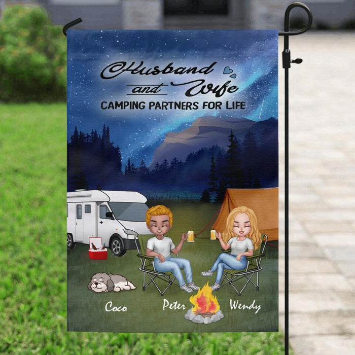 Custom Personalized Night Camping Chibi Flag Sign - Couple With Upto 3 Dogs - Gift Idea For Dog/ Camping Lover - Husband And Wife Camping Partners For Life