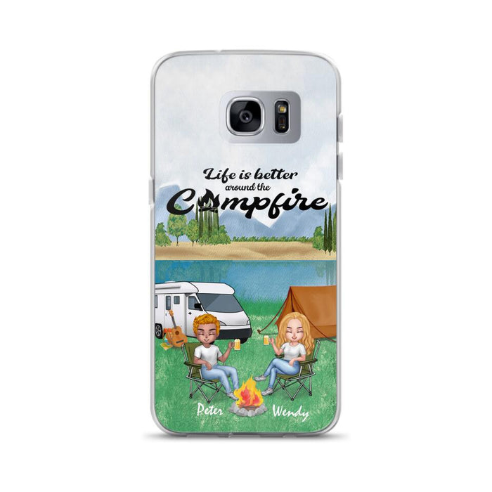 Custom Personalized Camping Chibi Phone Case - Couple With Upto 2 Dogs - Gift Idea For Dog/ Camping Lover - Life Is Better Around The Campfire - Case For iPhone And Samsung