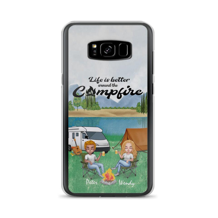 Custom Personalized Camping Chibi Phone Case - Couple With Upto 2 Dogs - Gift Idea For Dog/ Camping Lover - Life Is Better Around The Campfire - Case For iPhone And Samsung