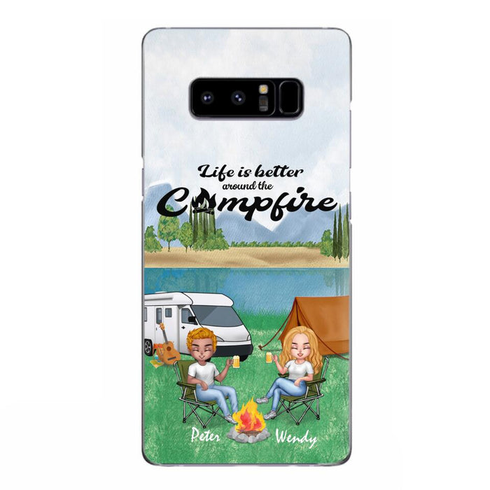 Custom Personalized Camping Chibi Phone Case - Couple With Upto 2 Dogs - Gift Idea For Dog/ Camping Lover - Life Is Better Around The Campfire - Case For iPhone And Samsung