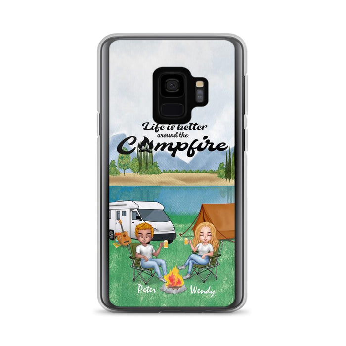 Custom Personalized Camping Chibi Phone Case - Couple With Upto 2 Dogs - Gift Idea For Dog/ Camping Lover - Life Is Better Around The Campfire - Case For iPhone And Samsung