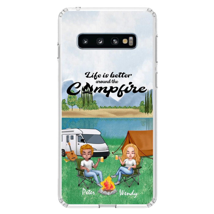 Custom Personalized Camping Chibi Phone Case - Couple With Upto 2 Dogs - Gift Idea For Dog/ Camping Lover - Life Is Better Around The Campfire - Case For iPhone And Samsung