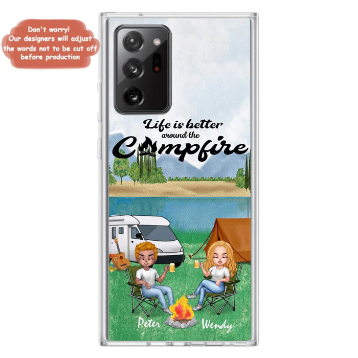 Custom Personalized Camping Chibi Phone Case - Couple With Upto 2 Dogs - Gift Idea For Dog/ Camping Lover - Life Is Better Around The Campfire - Case For iPhone And Samsung