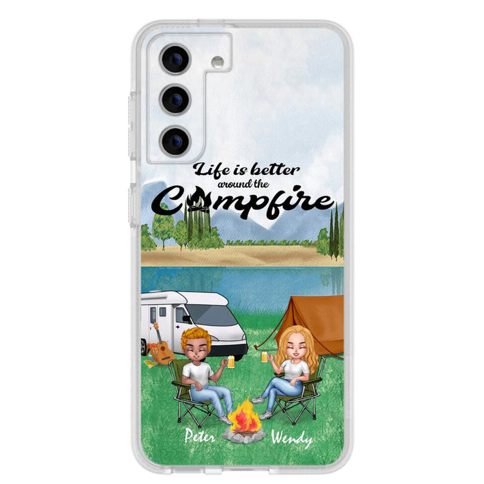 Custom Personalized Camping Chibi Phone Case - Couple With Upto 2 Dogs - Gift Idea For Dog/ Camping Lover - Life Is Better Around The Campfire - Case For iPhone And Samsung