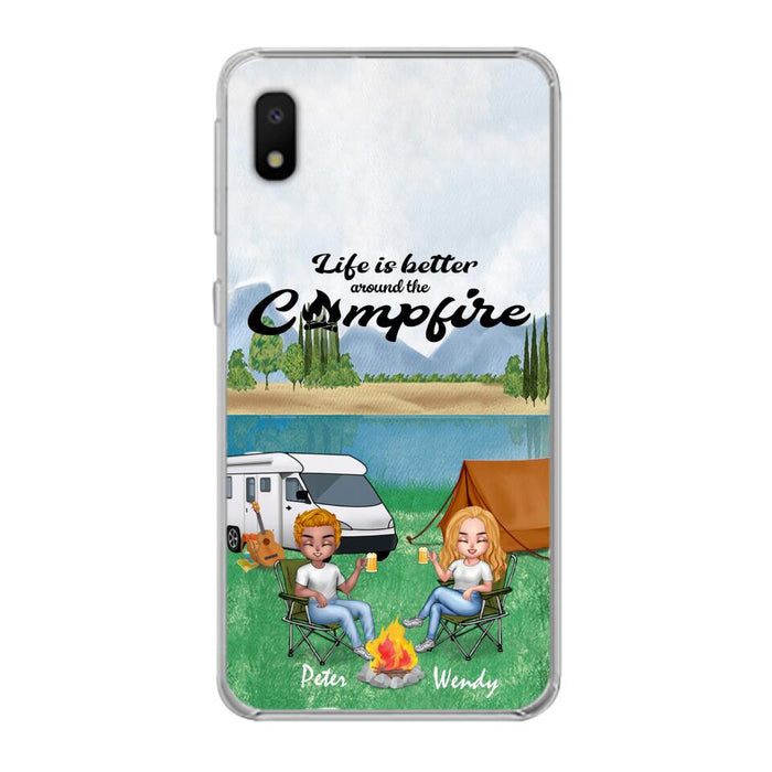 Custom Personalized Camping Chibi Phone Case - Couple With Upto 2 Dogs - Gift Idea For Dog/ Camping Lover - Life Is Better Around The Campfire - Case For iPhone And Samsung