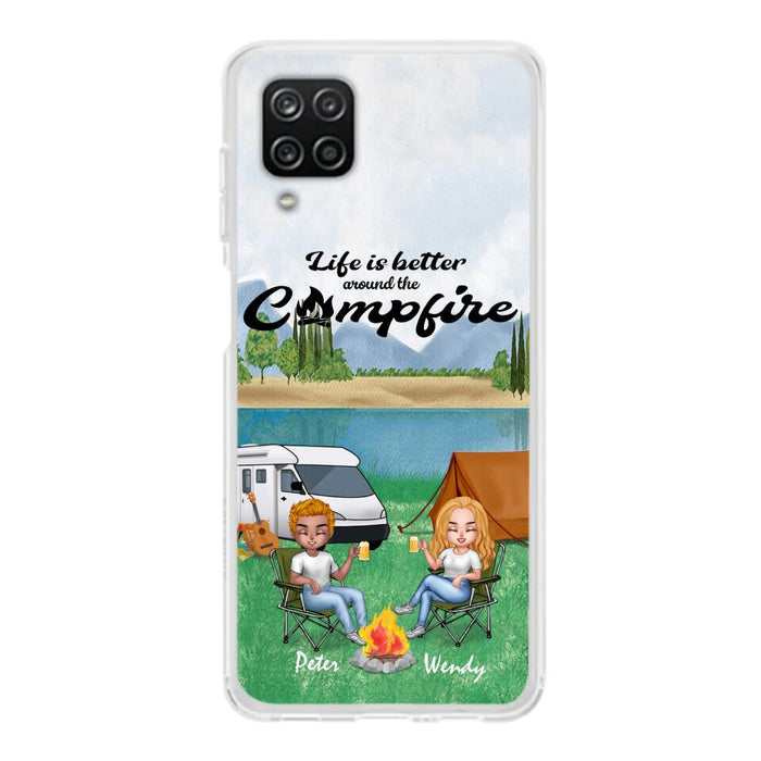 Custom Personalized Camping Chibi Phone Case - Couple With Upto 2 Dogs - Gift Idea For Dog/ Camping Lover - Life Is Better Around The Campfire - Case For iPhone And Samsung