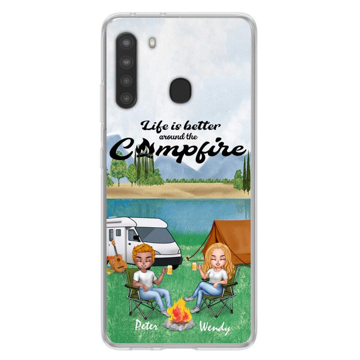 Custom Personalized Camping Chibi Phone Case - Couple With Upto 2 Dogs - Gift Idea For Dog/ Camping Lover - Life Is Better Around The Campfire - Case For iPhone And Samsung