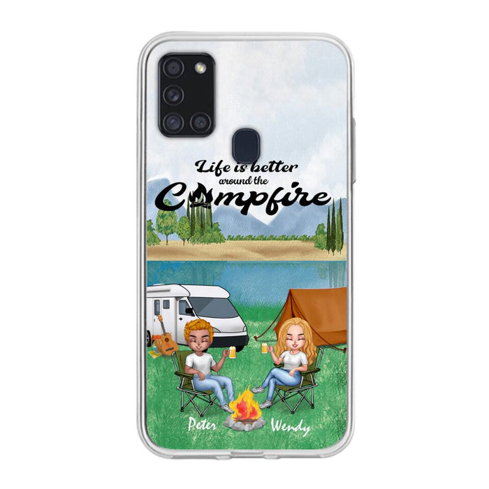 Custom Personalized Camping Chibi Phone Case - Couple With Upto 2 Dogs - Gift Idea For Dog/ Camping Lover - Life Is Better Around The Campfire - Case For iPhone And Samsung