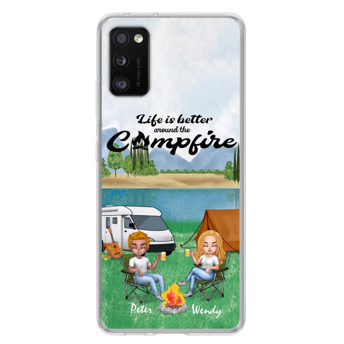 Custom Personalized Camping Chibi Phone Case - Couple With Upto 2 Dogs - Gift Idea For Dog/ Camping Lover - Life Is Better Around The Campfire - Case For iPhone And Samsung