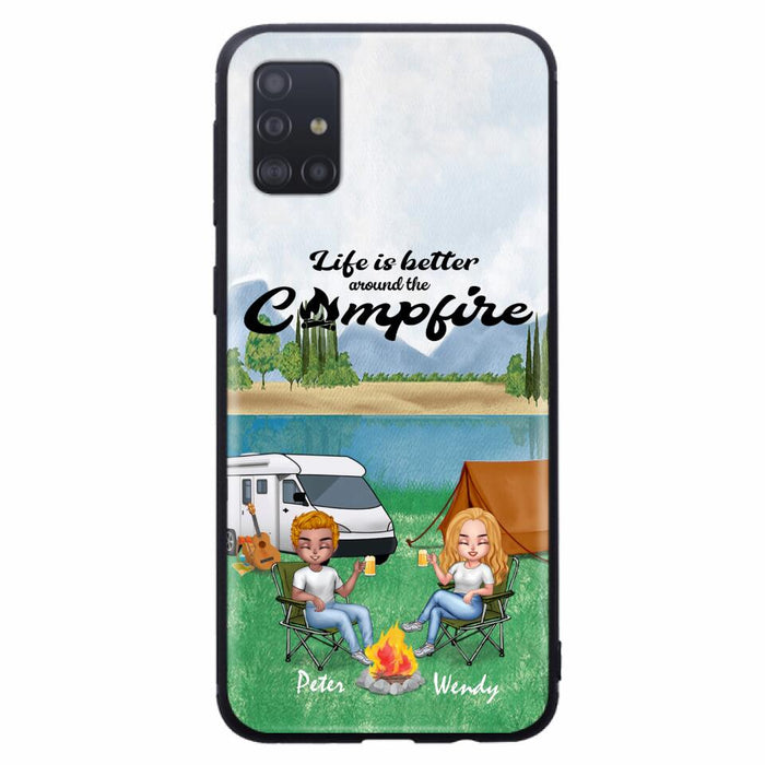 Custom Personalized Camping Chibi Phone Case - Couple With Upto 2 Dogs - Gift Idea For Dog/ Camping Lover - Life Is Better Around The Campfire - Case For iPhone And Samsung