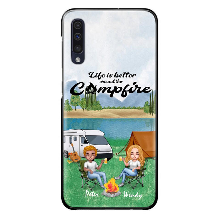 Custom Personalized Camping Chibi Phone Case - Couple With Upto 2 Dogs - Gift Idea For Dog/ Camping Lover - Life Is Better Around The Campfire - Case For iPhone And Samsung