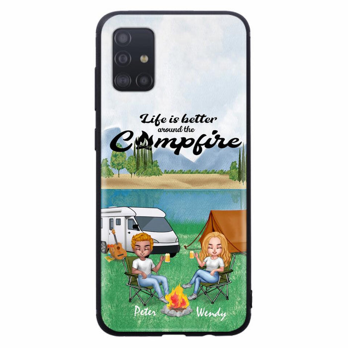 Custom Personalized Camping Chibi Phone Case - Couple With Upto 2 Dogs - Gift Idea For Dog/ Camping Lover - Life Is Better Around The Campfire - Case For iPhone And Samsung