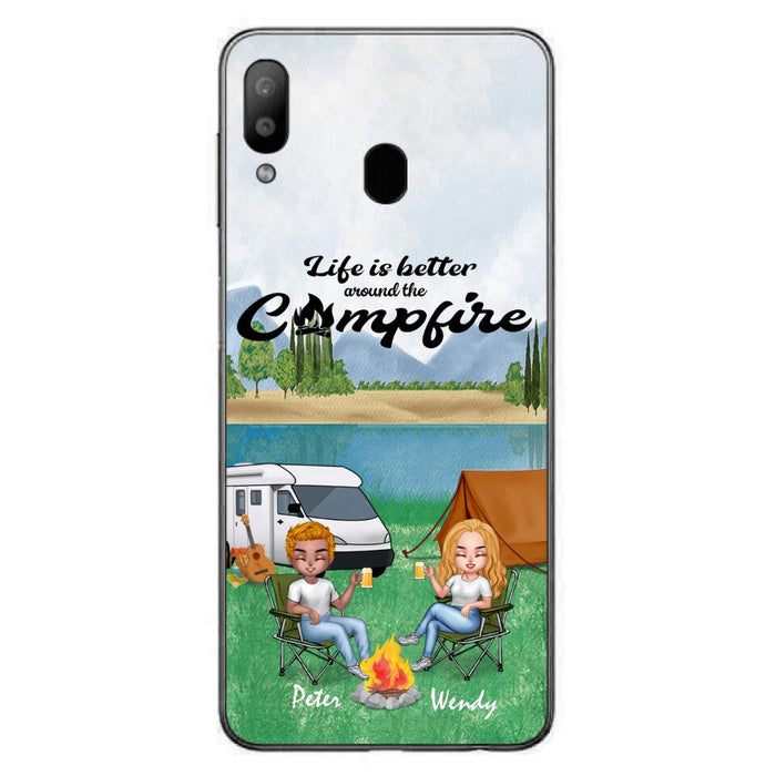 Custom Personalized Camping Chibi Phone Case - Couple With Upto 2 Dogs - Gift Idea For Dog/ Camping Lover - Life Is Better Around The Campfire - Case For iPhone And Samsung