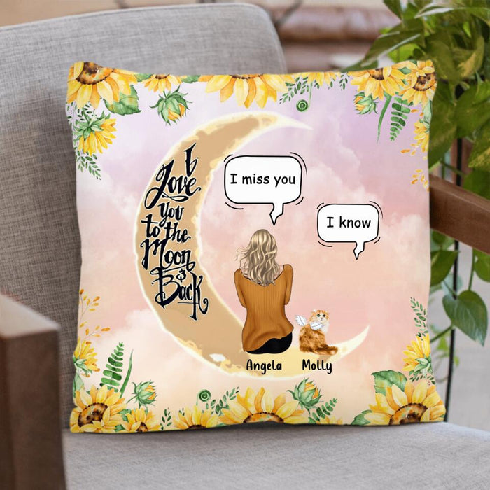 Custom Personalized Memorial Cat Sun Flower Pillow Cover & Quilt/ Fleece Blanket - Upto 6 Cats - Memorial Gift Idea For Cat Lover - I Love You To The Moon And Back