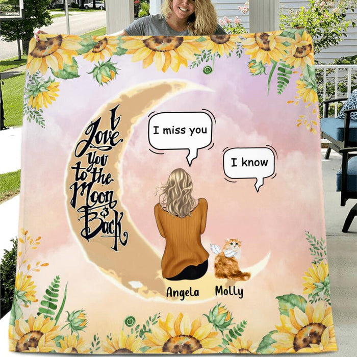 Custom Personalized Memorial Cat Sun Flower Pillow Cover & Quilt/ Fleece Blanket - Upto 6 Cats - Memorial Gift Idea For Cat Lover - I Love You To The Moon And Back