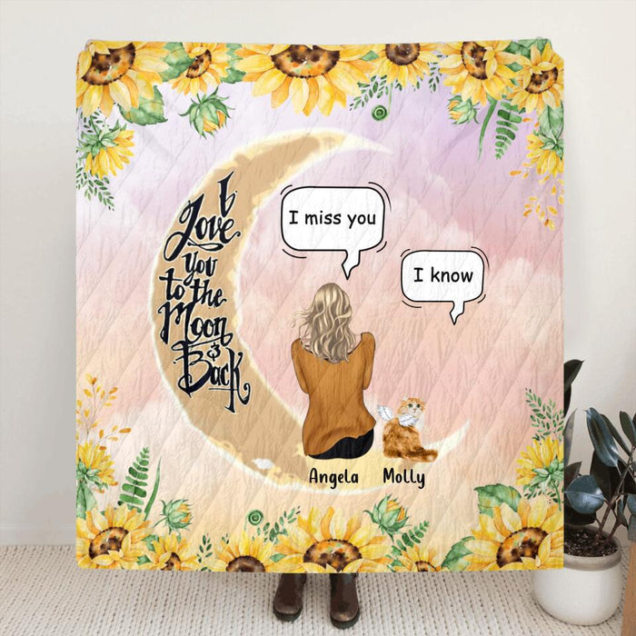 Custom Personalized Memorial Cat Sun Flower Pillow Cover & Quilt/ Fleece Blanket - Upto 6 Cats - Memorial Gift Idea For Cat Lover - I Love You To The Moon And Back