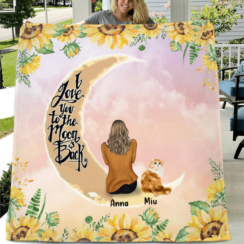 Personalized Cat Sun Flower Pillow Cover/Quilt/Fleece Throw Blanket - Up to 6 Cats - Gift Idea For Cat Lover - I Love You To The Moon And Back