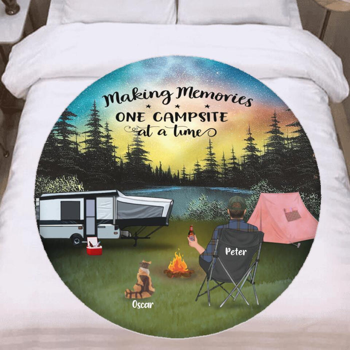 Custom Personalized Camping Flannel Round Blanket - Adult/ Couple/ Parents With Upto 4 Kids And 4 Pets - Gift Idea For Camping Lover - Making Memories One Campsite At A Time