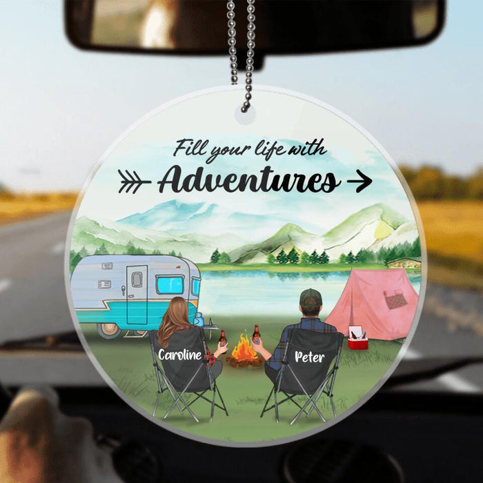 Custom Personalized Camping Couple Valentine's Day Car Ornament - Couple/ Parents With Upto 2 Kids And 2 Pets - Gift Idea For Camping Lover - Making Memories One Campsite At A Time