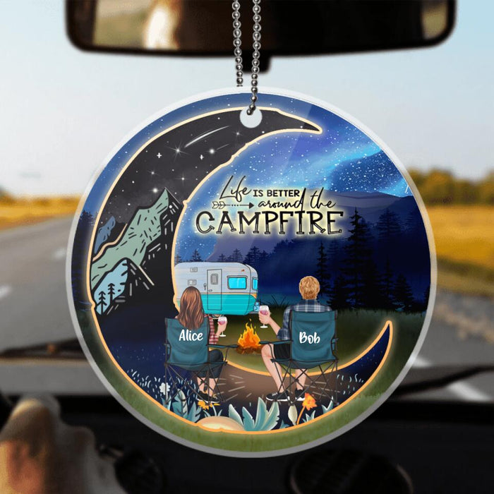 Custom Personalized Camping Moon Couple Valentine's Day Car Ornament - Gift Idea For Camping Lover - Life Is Better Around The Campfire