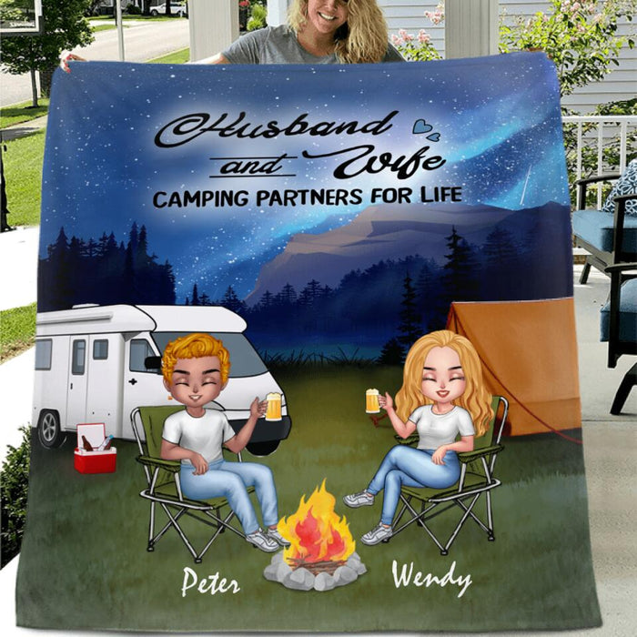 Custom Personalized Camping Night Couple With Dogs Pillow Cover & Quilt/ Fleece Blanket - Couple With Upto 3 Dogs - Gift Idea For Dog/ Camping Lover