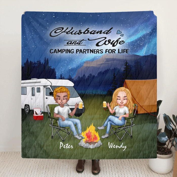 Custom Personalized Camping Night Couple With Dogs Pillow Cover & Quilt/ Fleece Blanket - Couple With Upto 3 Dogs - Gift Idea For Dog/ Camping Lover